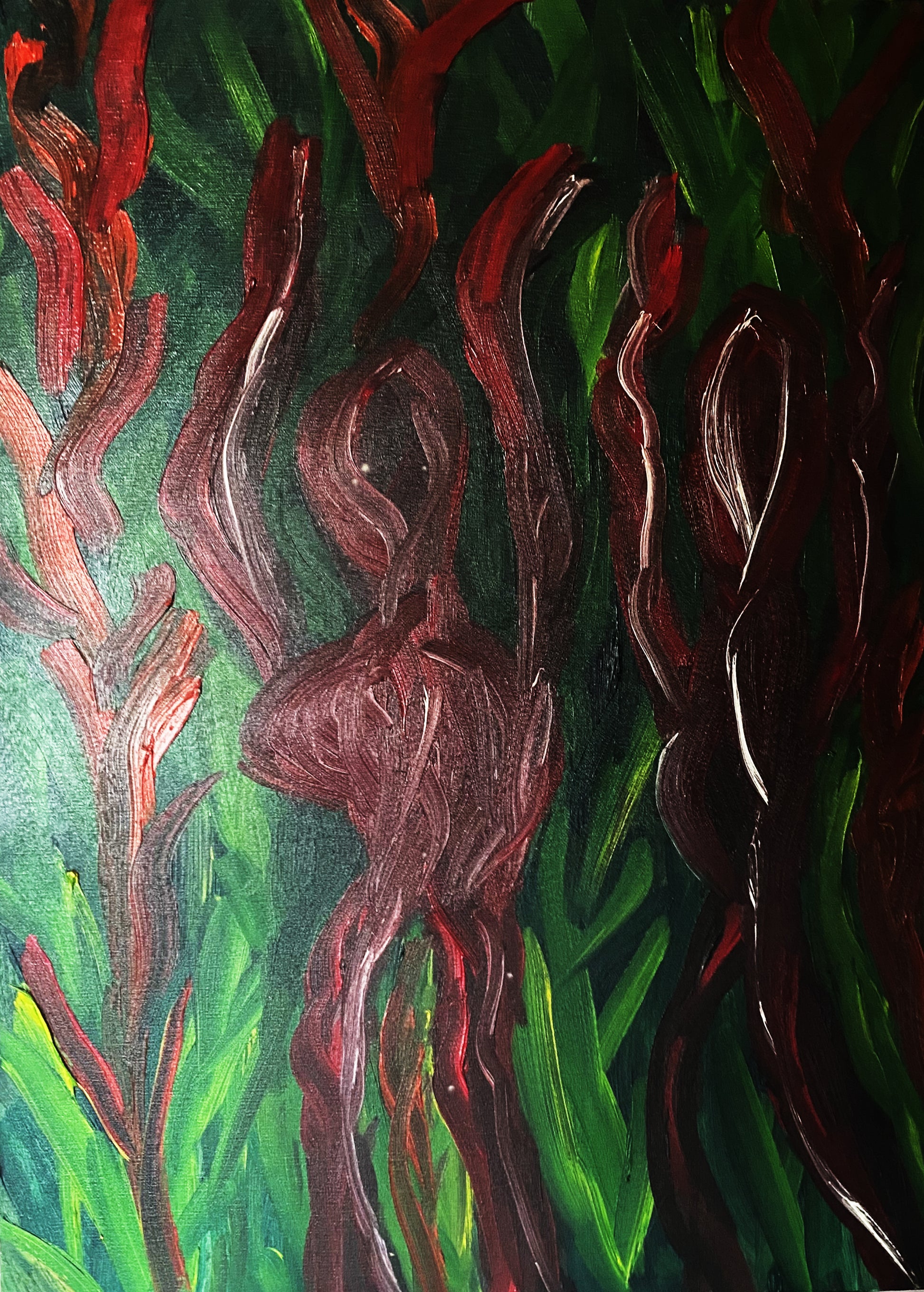 Alessandra Mattanza | DANCING IN THE BUSH, 19.6 x 27.5 in - Oil on Canvas. An original work in oils on quality canvas depicting abstract figures dancing in lush green surroundings.