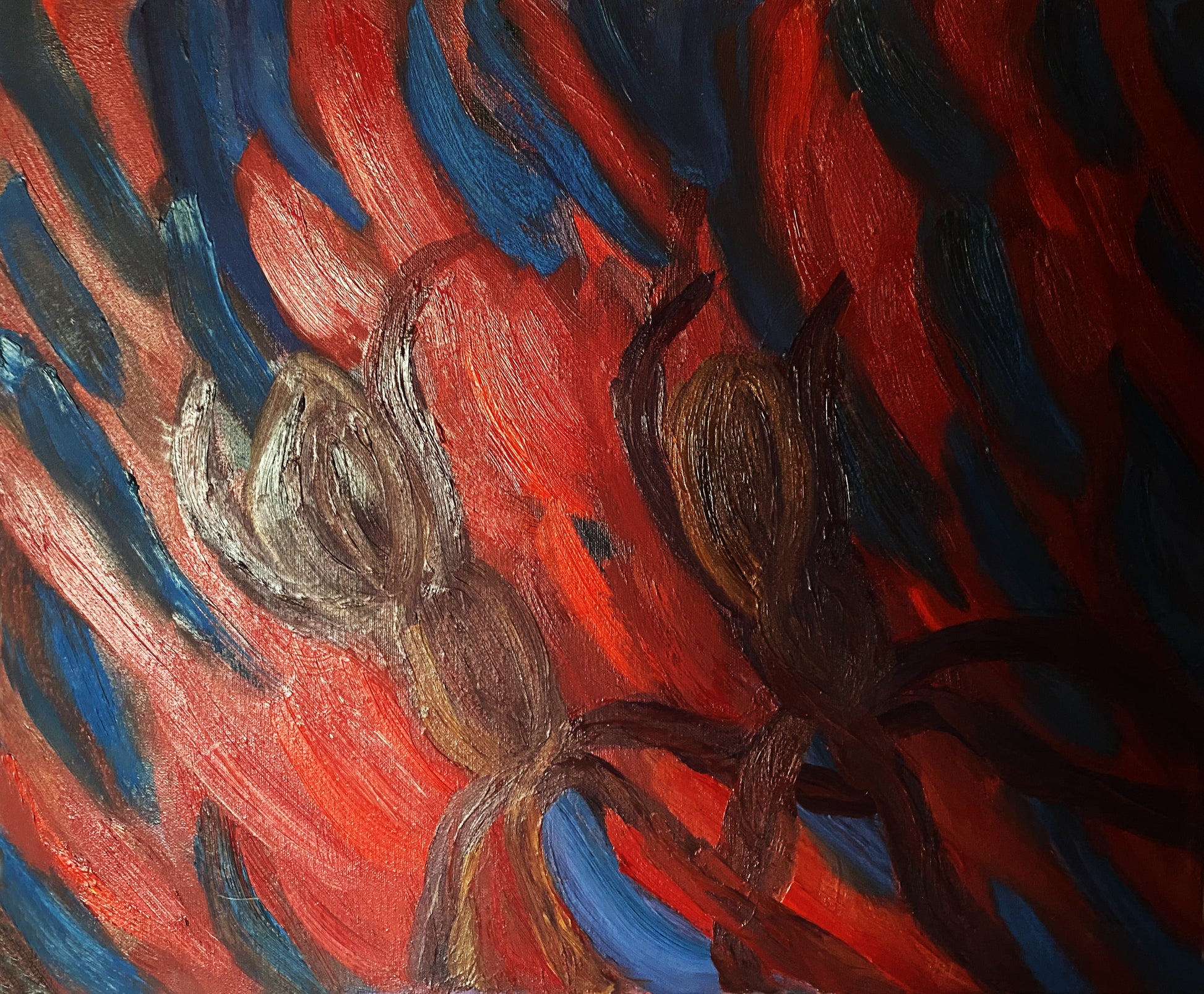 Alessandra Mattanza | DANCING, 19.6 x 23.6 in - Oil on Canvas. A striking abstract of two figures dancing.