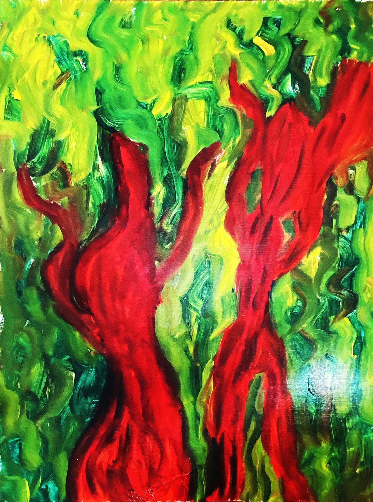 Alessandra Mattanza | DANCING IN THE BUSH, 23.4 x 33.1 in - Oil on Paper. An original work in oils on paper, abstract figures dance in lush green surroundings.