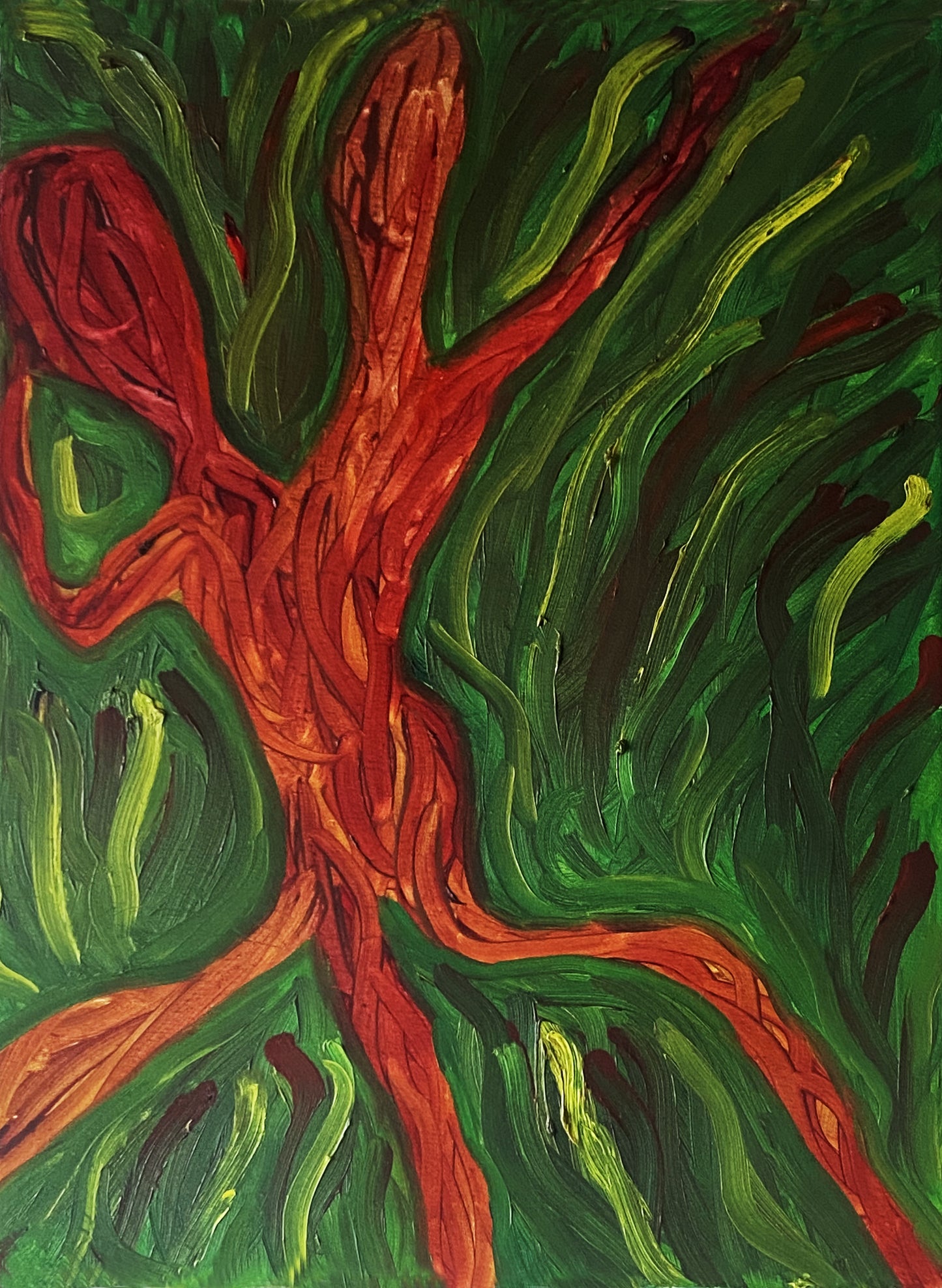 Alessandra Mattanza | DANCE IN THE BUSH, 31.4 x 23.6 in - Oil on Canvas. An original work in oils on quality canvas, a large painting of two abstract figures entwined in dance.