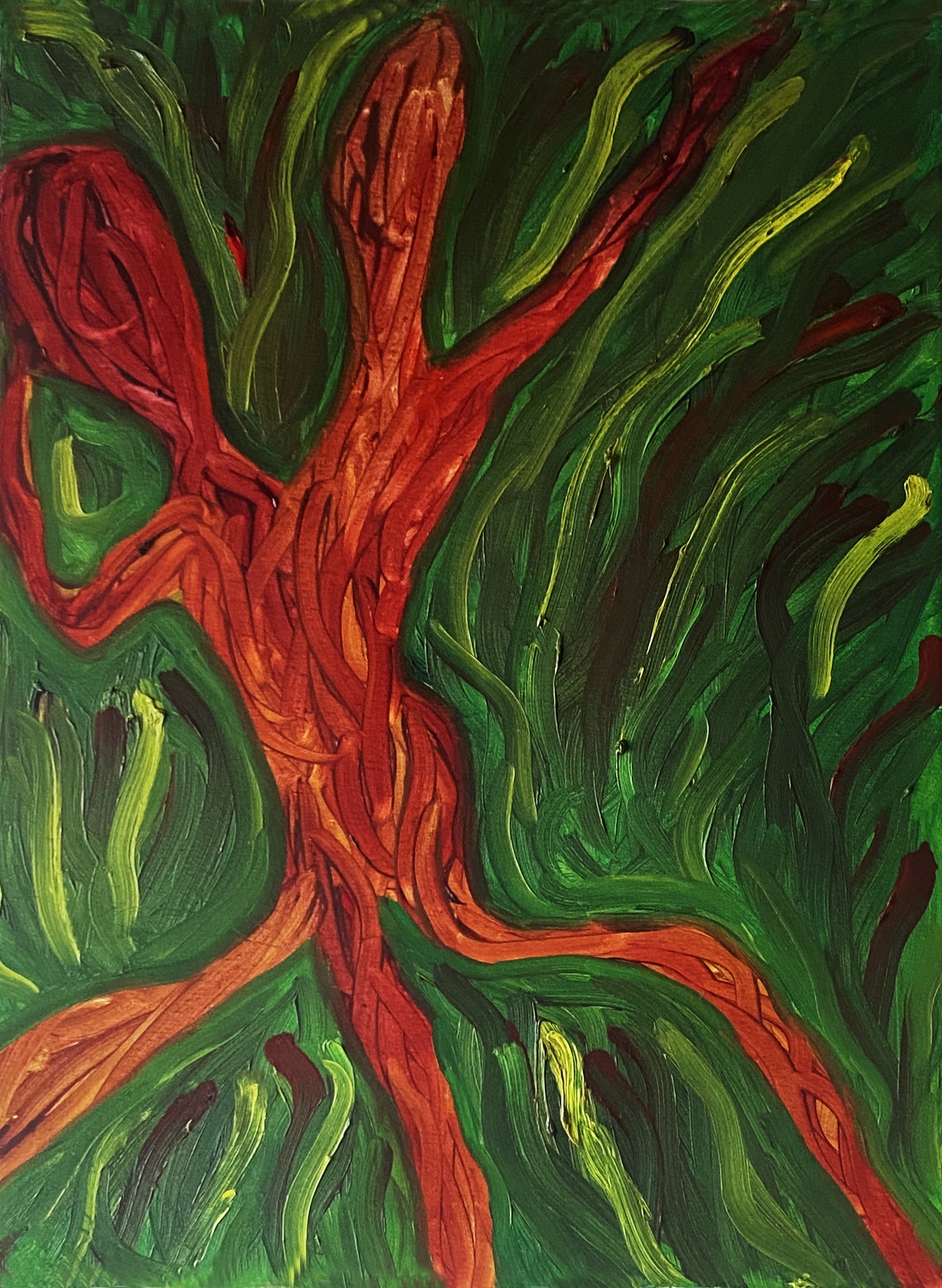 Alessandra Mattanza | DANCE IN THE BUSH, 31.4 x 23.6 in - Oil on Canvas. An original work in oils on quality canvas, a large painting of two abstract figures entwined in dance.