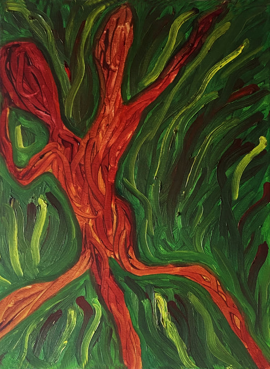 Alessandra Mattanza | DANCE IN THE BUSH, 31.4 x 23.6 in - Oil on Canvas. An original work in oils on quality canvas, a large painting of two abstract figures entwined in dance.