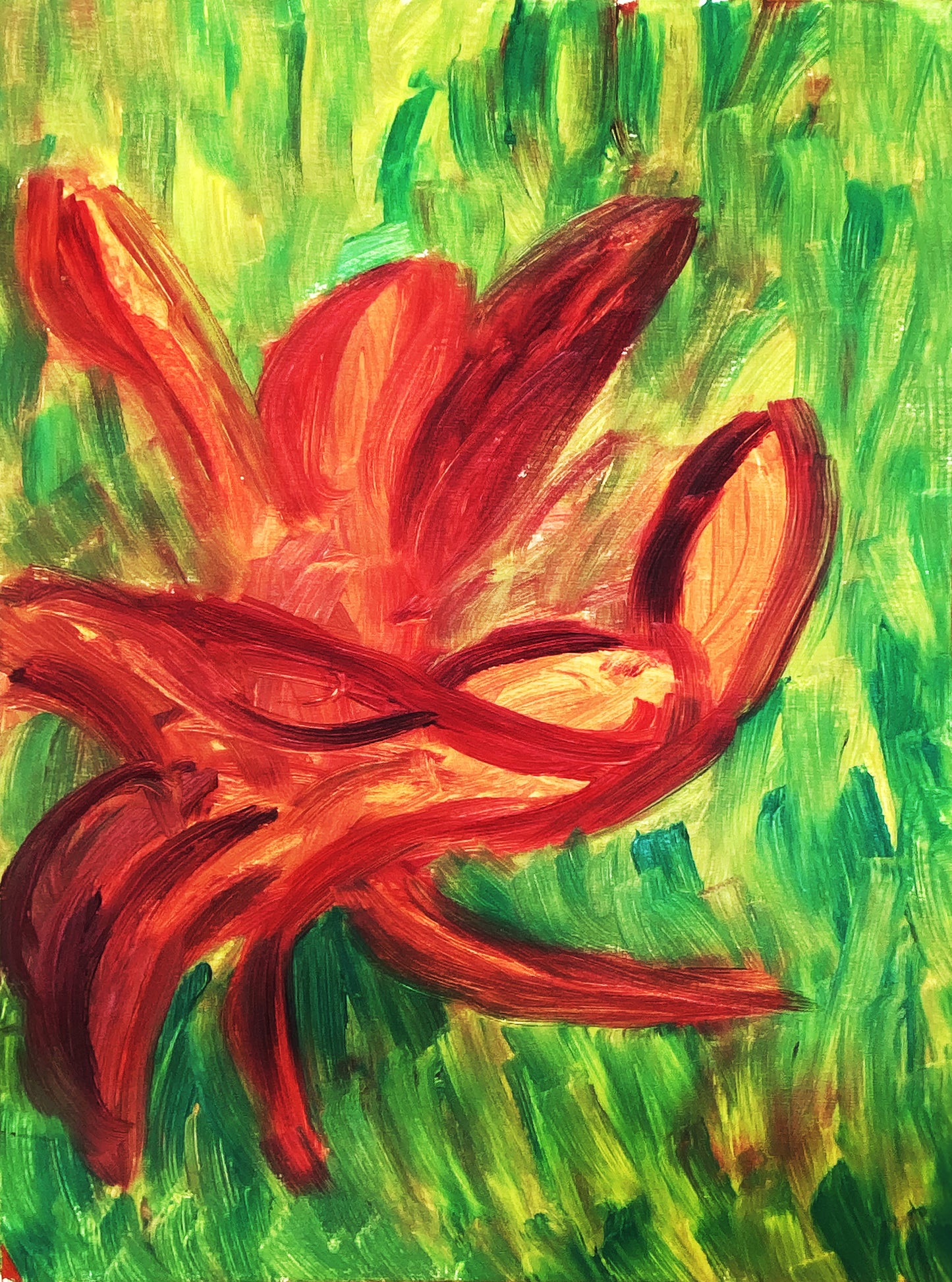 Alessandra Mattanza | DANCING TOGETHER, 23.4 x 33.1 in - Oil on Paper. An original work in oils on paper, abstract figures dance in lush green surroundings.