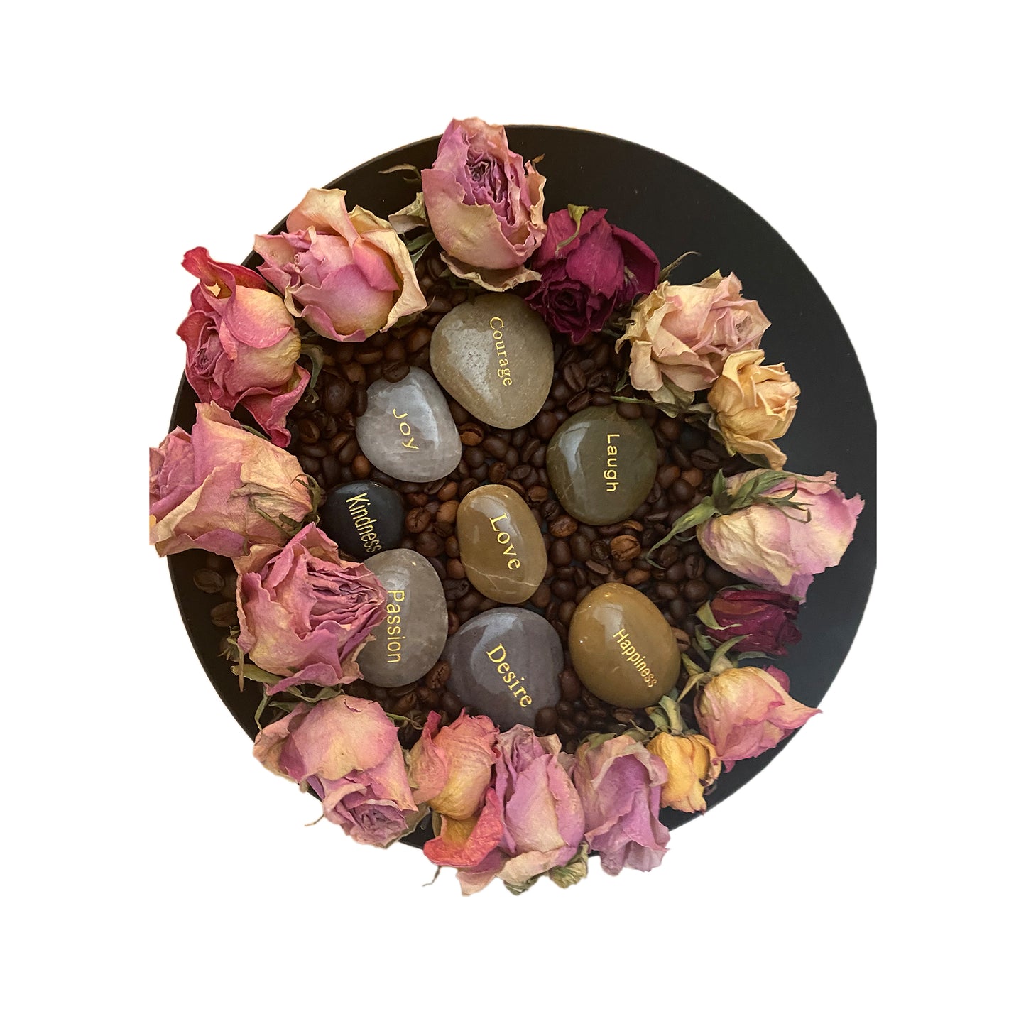 LIFE, glass, plastic, roses, stones, coffee