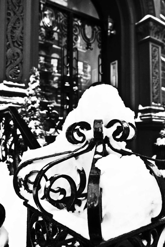 Ornate architectural features in a snowy New York street setting.