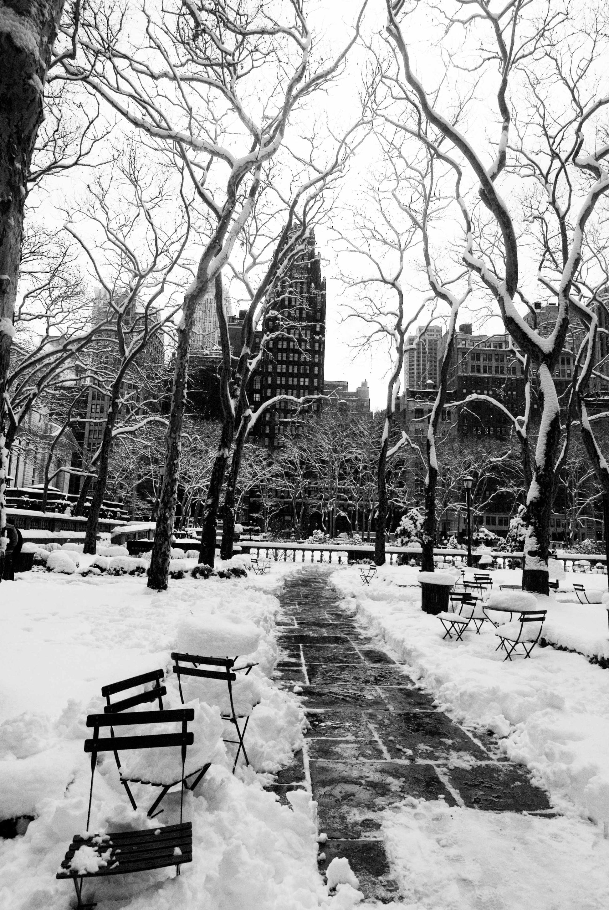 Alessandra Mattanza | CHAIRS, Bryant Park, New York. Outside New York Public Library on a winters day looking at the Bryant Park Hotel. Available as an art print or as a photographic print on acrylic glass.